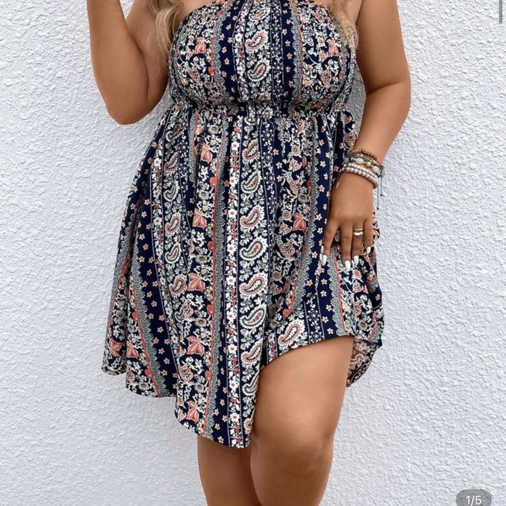 SHEIN Strapless Navy and Pink Dress